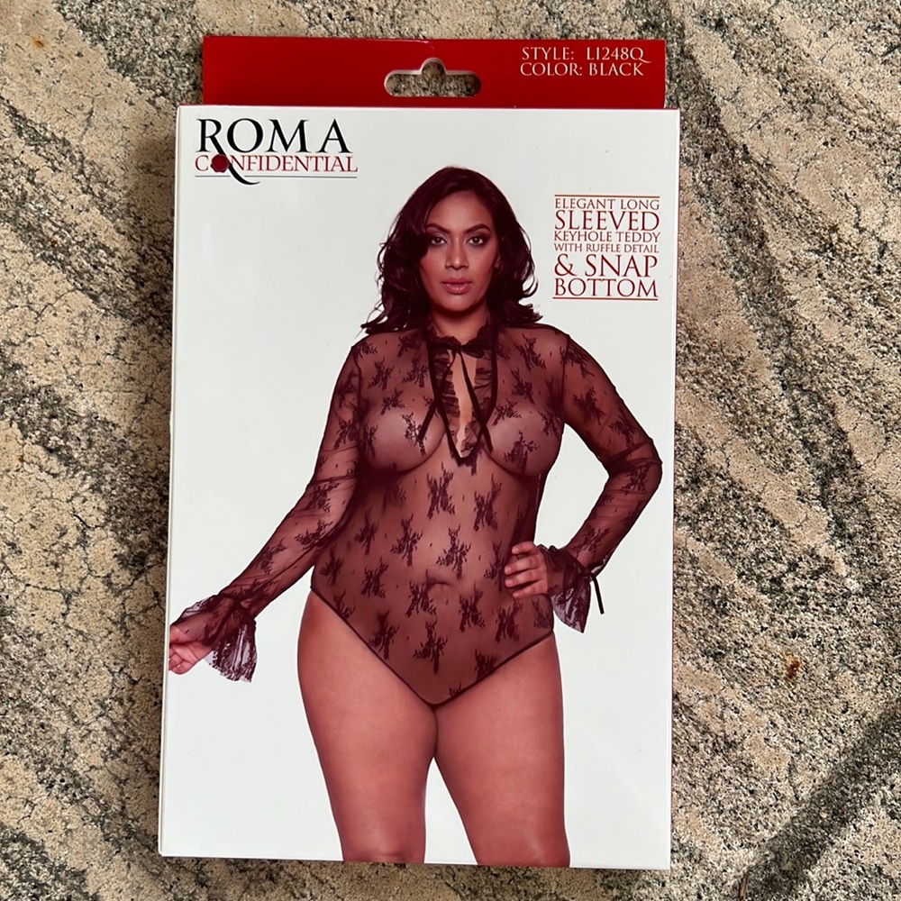 Plus Size Black Sheer Elegance Teddy With Ruffle & Snap Bottom.